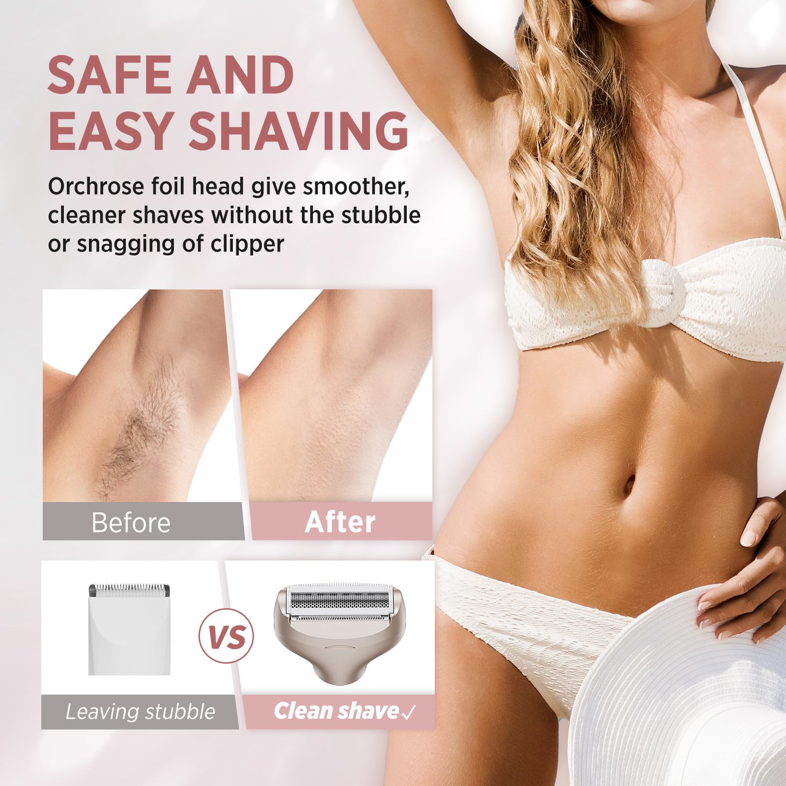 Orchrose Electric Razor for Women 3-in-1: Painless Rechargeable Shaver for Face Legs Underarms and Bikini Area – with Bikini Trimmer Head