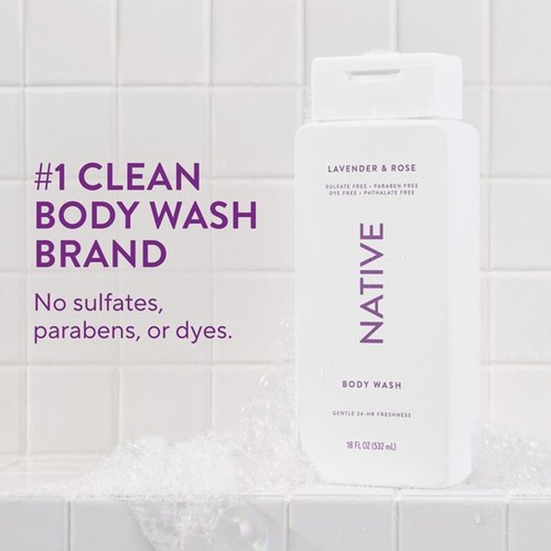 Native Body Wash - Naturally Derived Ingredients for Soft, Hydrated Skin | Lavender & Rose, 18 oz