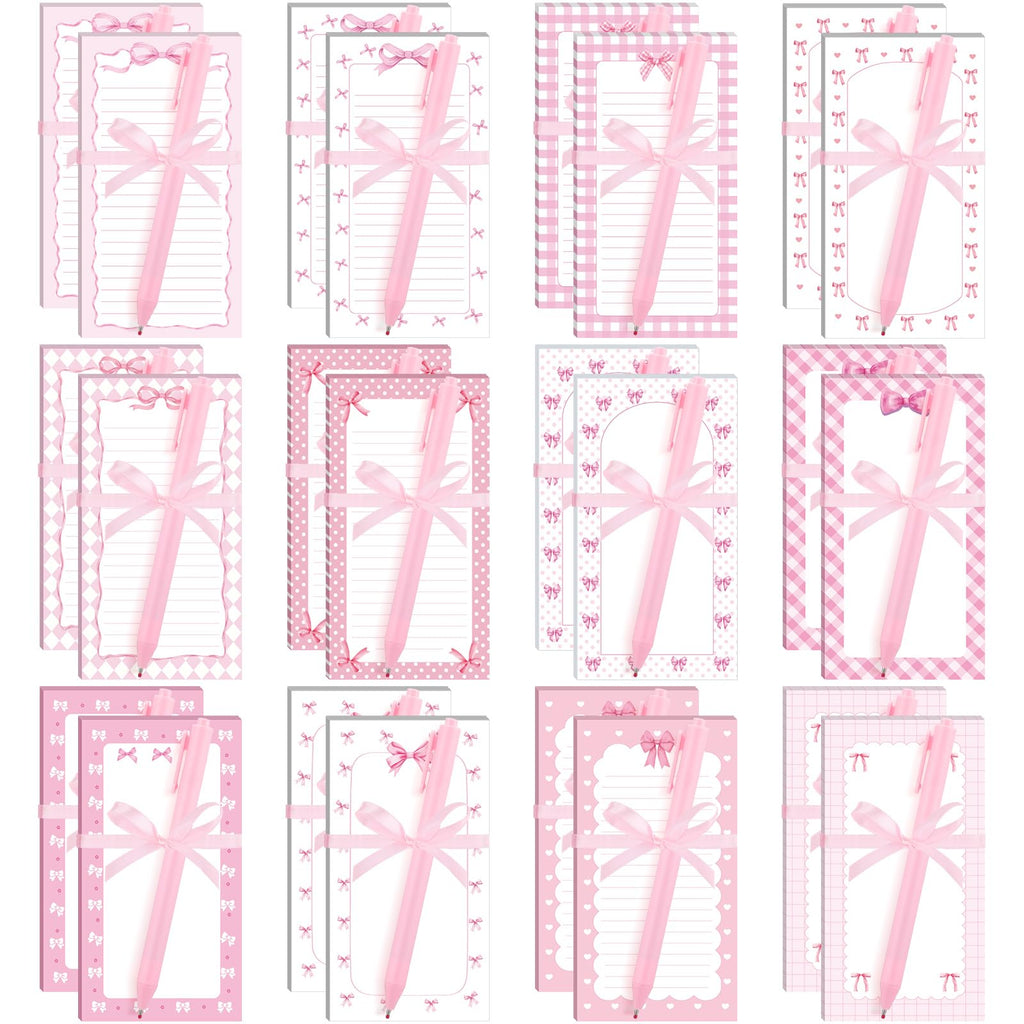 Thenshop 48 Pcs Pink Bow Sticky Notes and Pens Set Pink Notes Preppy Aesthetic Self Stick Notepads Ballpoint Pens for Coquette Supplies Bow Party Favors