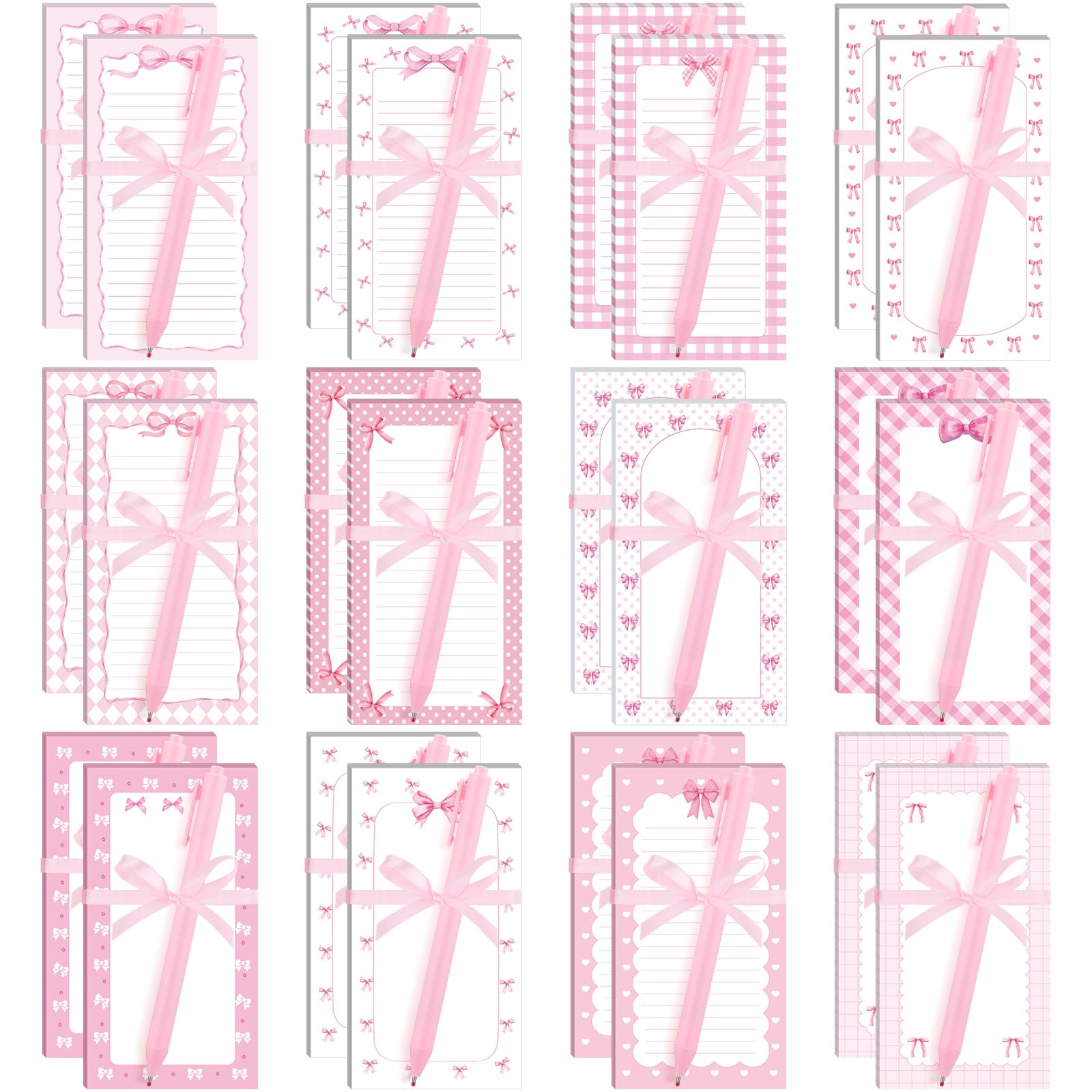 Thenshop 48 Pcs Pink Bow Sticky Notes and Pens Set Pink Notes Preppy Aesthetic Self Stick Notepads Ballpoint Pens for Coquette Supplies Bow Party Favors
