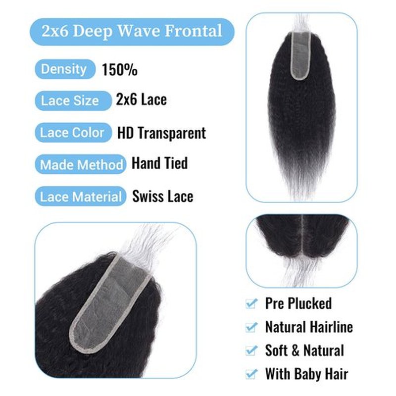Kinky Straight 2x6 HD Lace Frontal Closure 12A Brazilian Raw Virgin Yaki Kinky Straight Human Hair Closure Natural Hairline Pre Plucked 16 Inch