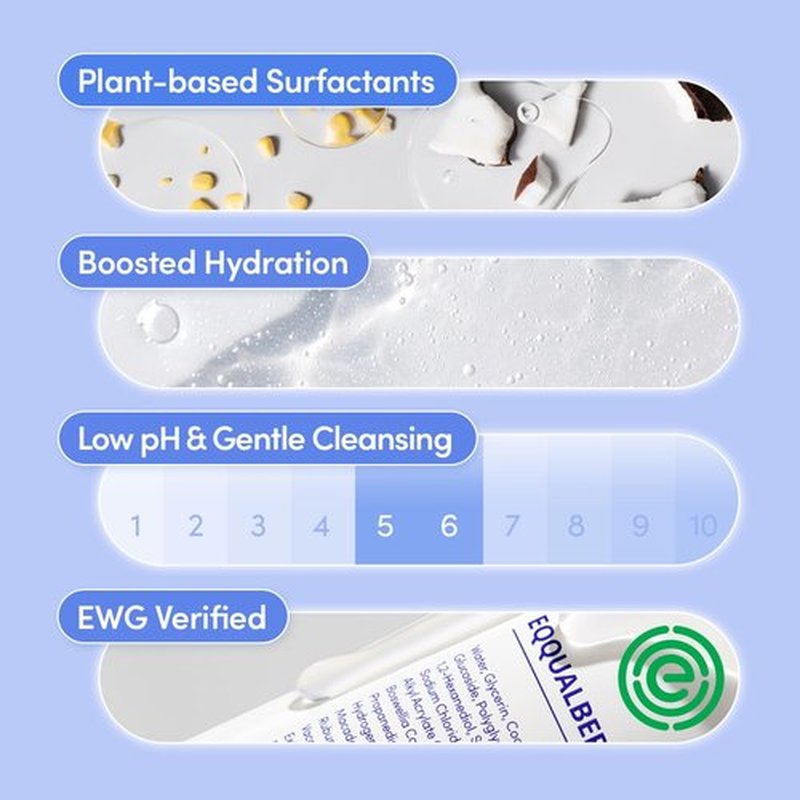 EQQUALBERRY pH Balanced Daily Glow Gel Cleanser 7.1 fl oz. 210ml Moisturizing finish, Gentle Gel Cleaning, Korean Skincare EWG Green