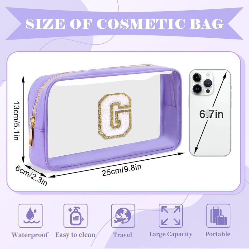 UIXIZQ Personalized Initial Letter Clear Makeup Bag - Preppy Nylon & PVC Cosmetic Zipper Bag | Travel Toiletry Organizer for Teen Girls & Women, Monogrammed Gift (G)