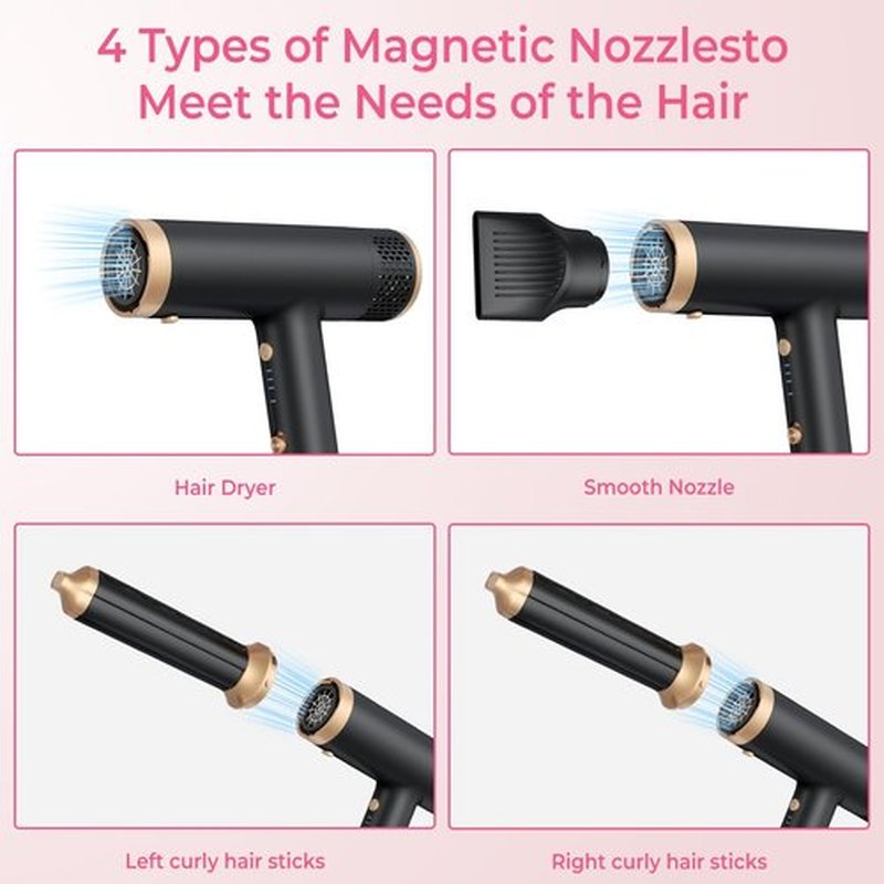 Hair Dryer 3 in 1 Hot Air Styler, 2000 W Ionic Blow Dryer, Lightweight Compact Hairdryer for Travel, Long Barrel Airflow Auto Wrap Curler for Quick Styling, Fast Drying, Coolshot (Black)