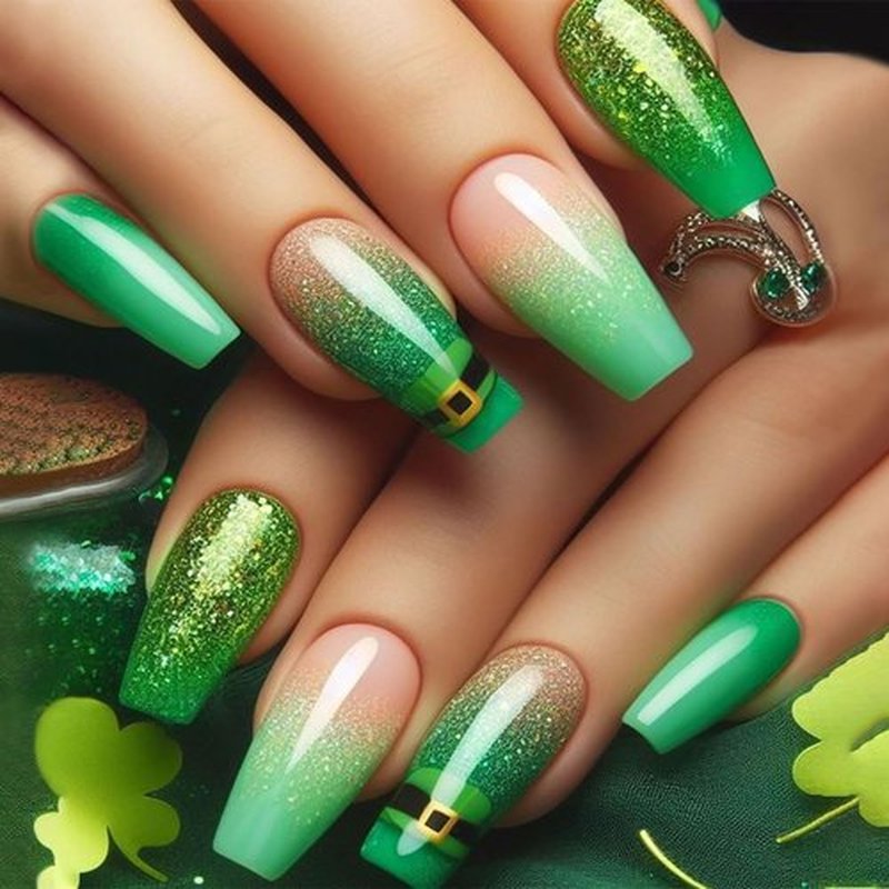 St. Patrick's Day Press on Nails Medium Coffin Fake Nails Green Gradient Glue on Nails Glossy Shiny Stick on Nails Reusable Full Cover Artificial Acrylic False Nails Kit Press on Nails for Women 24Pcs