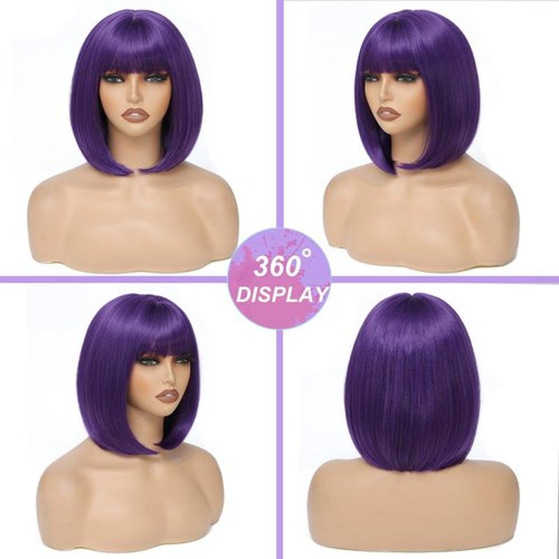 BEAUTIFA Dark Purple Bob Wig with Bangs for Women 12 Inch Short Straight Bob Purple Wigs Synthetic Colorful Wigs