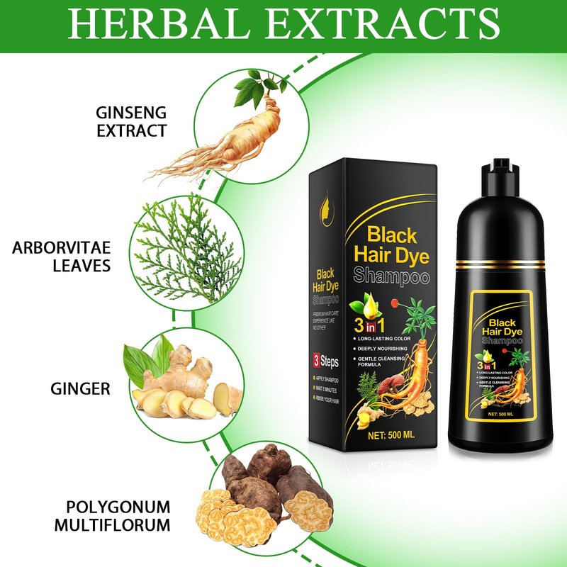 ZIXAOK Hair Dye Shampoo (Black) - 3-in-1 Formula with Natural Herbs for Coloring, Nourishing & Shine - Gentle 500ml Shampoo