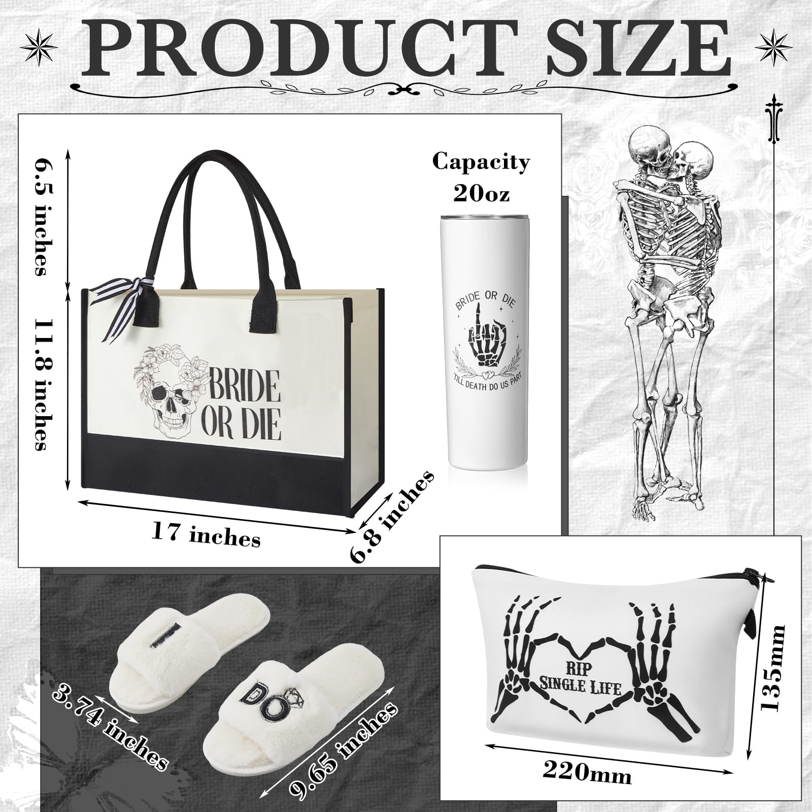 Cosblank 4 Pcs Bride Gifts for Bridal Shower – Bride or Die Bachelorette Gift Set, 20oz Stainless Steel Tumbler, Canvas Tote Bag, Makeup Pouch & Cozy Bridal Slippers, Wedding Morning Gift