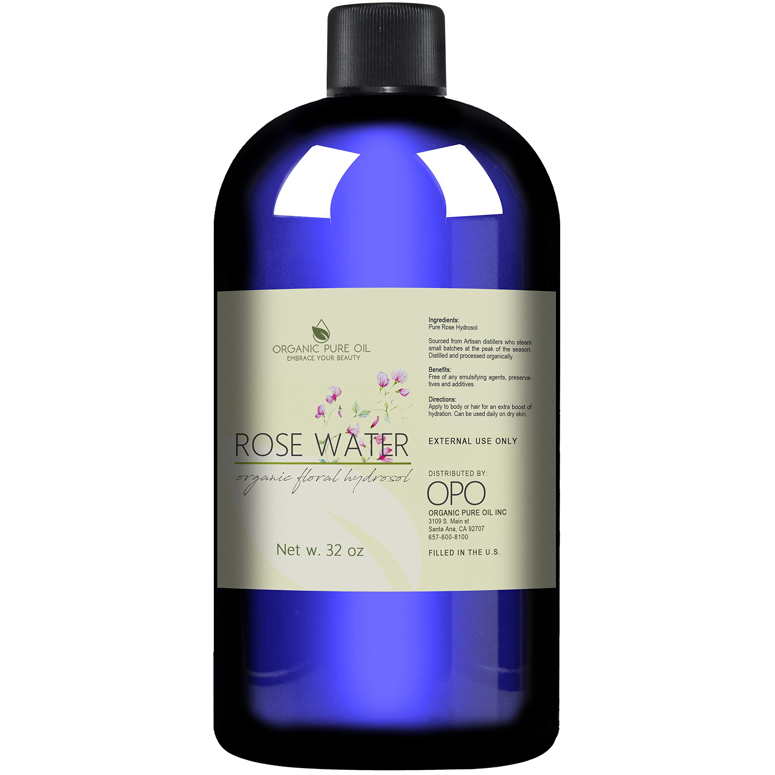 Rose Hydrosol Water, Pure Rosewater Spray Mist Bulk, Hydrating Face Toner Rose Water for Skin and Hair Linen Spray for Sheets Room Freshener Body Spray Refill By Organic Pure Oil, 32 oz