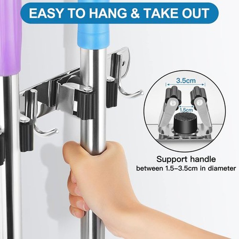 IMILLET Wall Mounted Broom Holder - Heavy Duty Stainless Steel Mop Organizer | 4 Racks & 5 Hooks