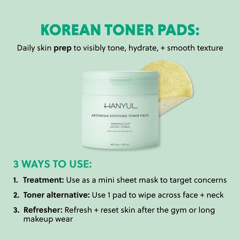 HANYUL Artemisia Soothing Toner Pads with Centella Asiatica and Hyaluronic Acid | Hydrating & Calming Pre-Makeup Facial Pads for Sensitized Skin, Dual-Layer Design, 60 Count