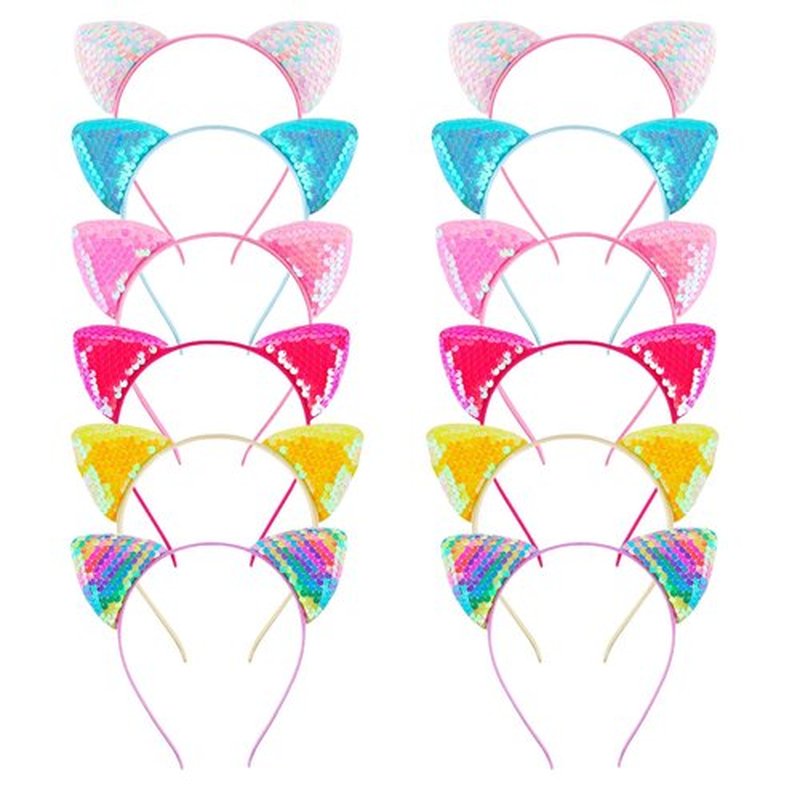 KIUSOWAYD 12 Sequin Cat Ear Headbands, Shiny Headwear Hair Band Party Decoration Cosplay for Women