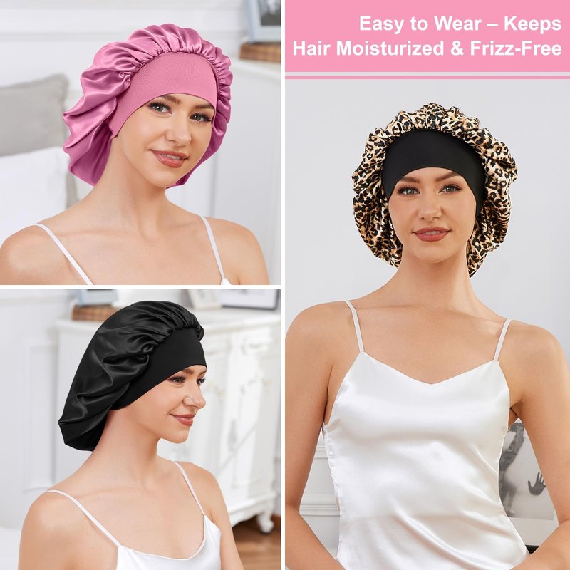 ZHENSILK 3PCS Silk Sleep Bonnet for Women, Large Satin Hair Caps with Elastic Band for Curly Hair and Frizz Control