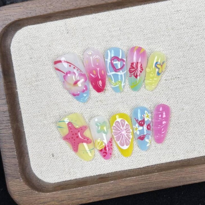ZNCRSISTY Press on Nails Short - 2 Set Fake Nails with 30pcs Summer Press on Nail Almond and 24pcs Pure False Nails, Acrylic Nails with 3D Flower Designs, False Nail for Women Girls Kids