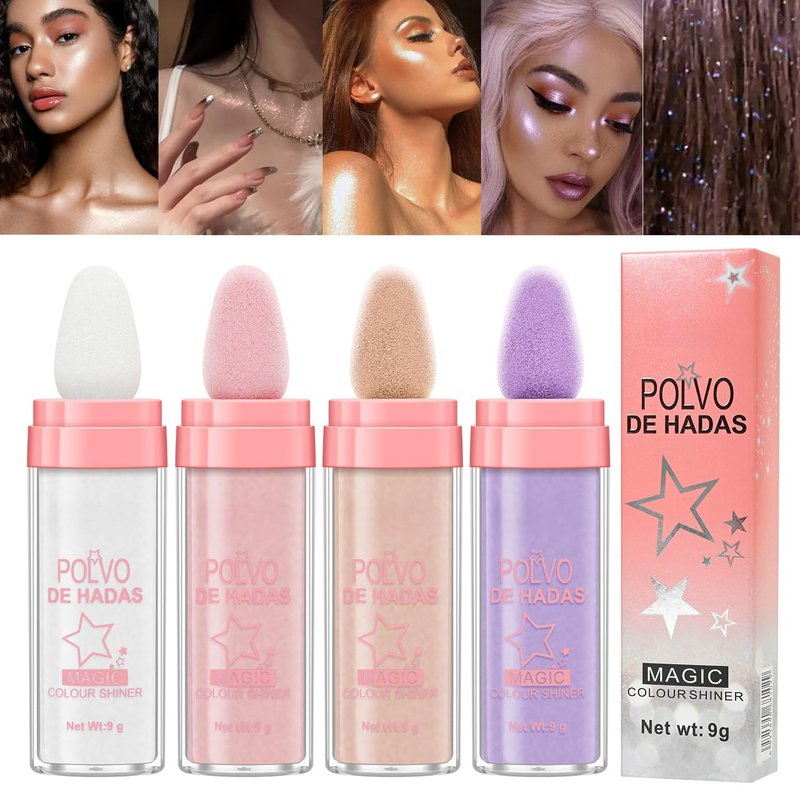 URQT 4 Color Polvo De Hadas Fairy Dust Highlight Patting - Full Body Contouring and Clavicle Pearlescent Patting Powder for Face and Eye, Christmas Sparkling Body Glitter (4 Pack)