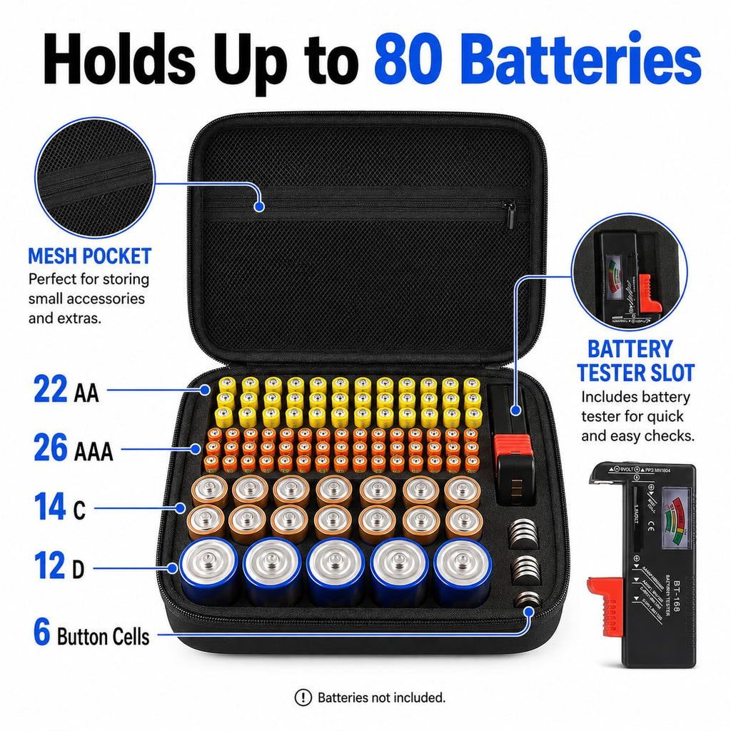 Comecase Battery Organizer Storage Case with Tester, Hard Battery Holder for AA AAA C D Button Cells, Holds 80 Batteries, Portable Batteries Box for Drawer Garage Home Emergency Supplies, Case Only