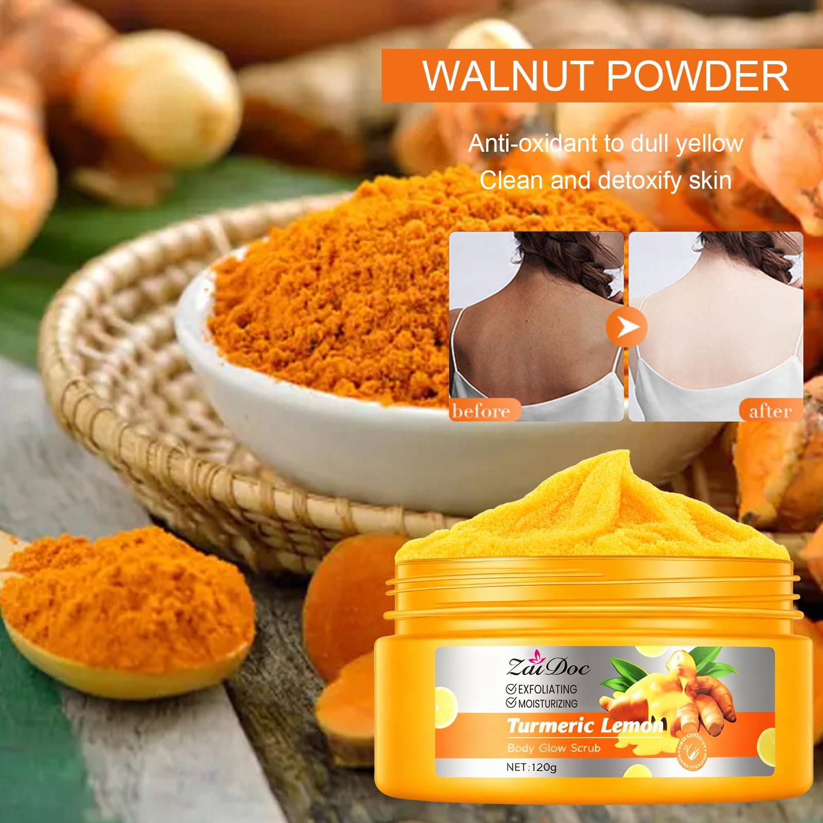 ZaiDoc Turmeric Lemon Sugar Body Scrub, Natural Exfoliating Body with Aloe, Coconut Oil & Hyaluronic Acid, Moisturizing Skin Smoothing Scrub, Gentle Plant-Based Exfoliator for Daily Body Care, 4.2oz