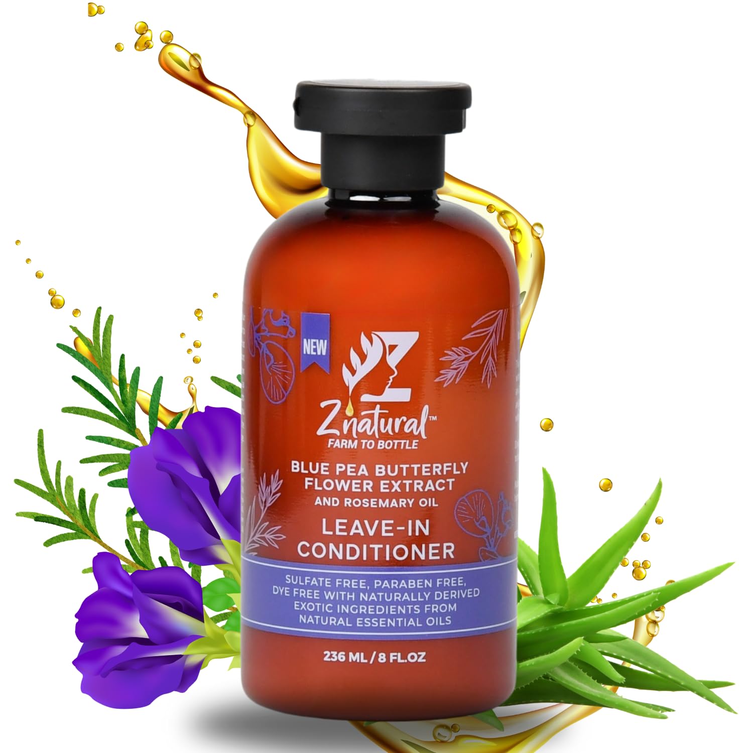 Z’Natural Leave-In Conditioner for Curly Hair - Deep Moisture & Detangling - Natural Blue Pea, Aloe Vera & Argan Oil - Sulfate & Paraben Free - 236ml
