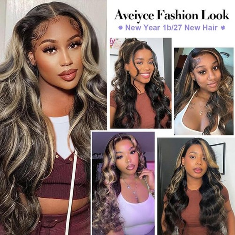 Aveiyce 13x6 1b/27 Highlight Ombre Balayage Lace Front Wigs Human Hair Black and Blonde Body Wave HD Transparent Lace Frontal Wig Pre Plucked with Baby Hair for Black Women 180% Density Wig 20 Inch