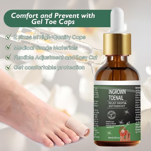 Ingrown Toenail Treatment - 30ml Softening & Conditioning Kit for Easy Trimming with Silicone Gel Toe Caps - Comprehensive Ingrown Toenail Removal Sol
