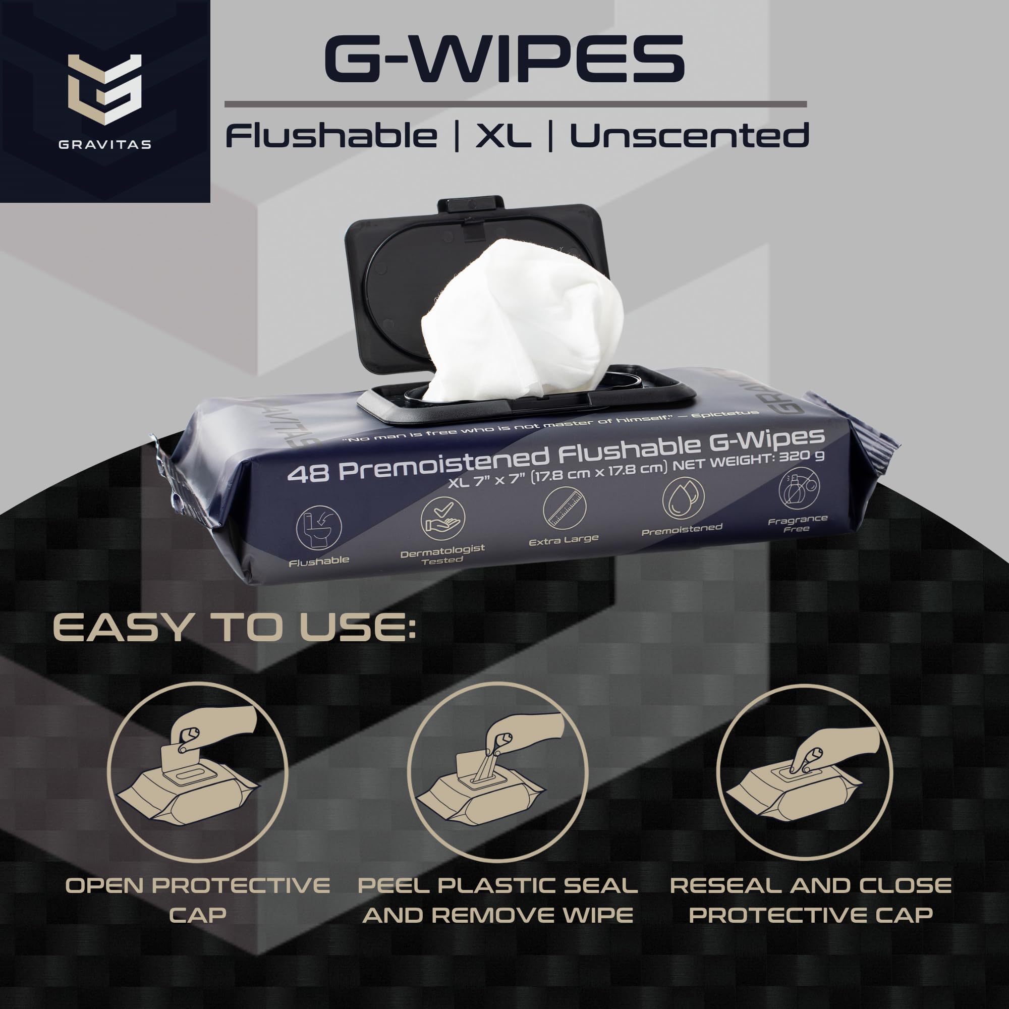 Gravitas G-Wipes: Flushable Wipes for Men - 48 Extra-Large Unscented Wipe, Pre-Moistened, Vitamin E & Aloe Vera, Biodegradable, Body Hygiene, for Daily Use, Resealable Hard Top