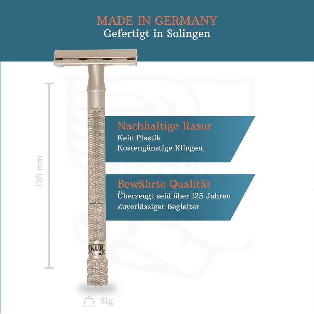 MERKUR 24 INOX Stainless Steel Safety Razor For Women with 10 Double Edge Blades | Extra Long Handle | Three-piece Razor | Straight Cut | Satin Matt Finish | Made in Germany