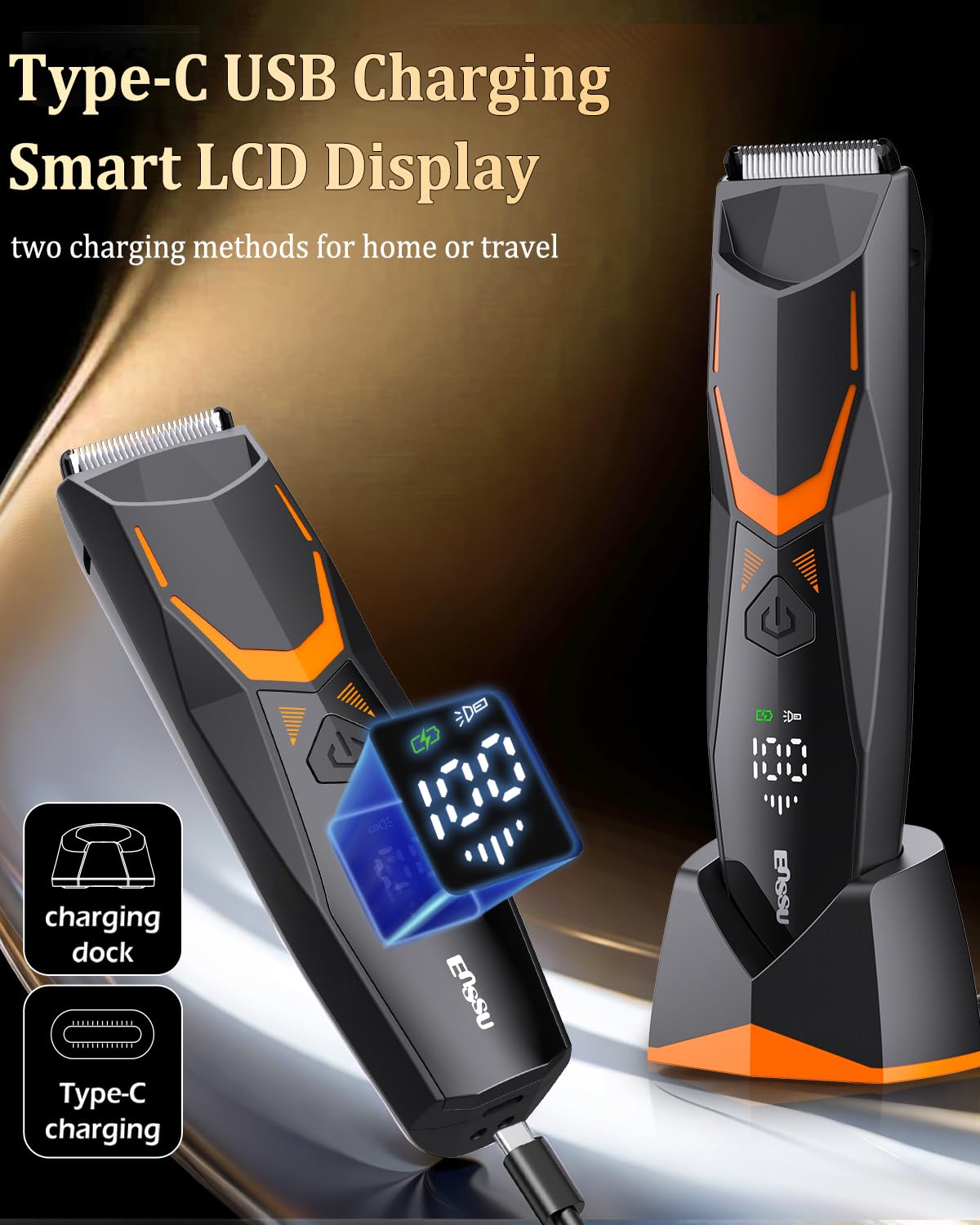 Body Hair Trimmer for Men Type-C Rechargeable Pubic Hair Trimmer LED Light