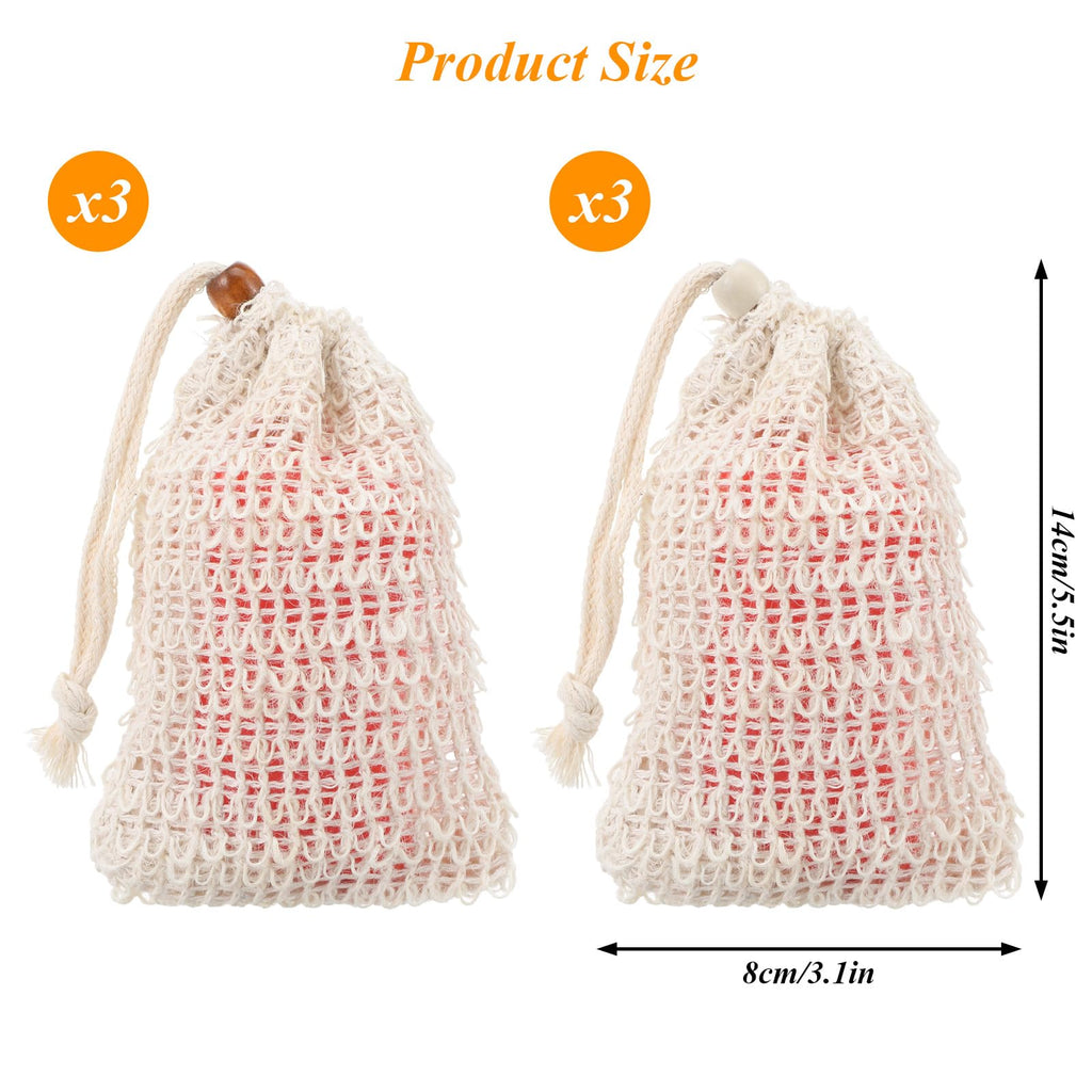Aysatogc 6 Pack Soap Bag, Natural Sisal Soap Saver Bag Exfoliating Sisal Soaps Pouch with Drawstring Bar Shower Soaps Saver Bags Foaming and Drying Holder for Shower