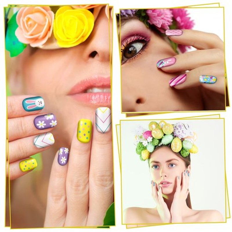 384 Pcs 16 Pack Easter Press on Nails Short Fake Nails Easter Square False Nails Artificial Nail Full Cover Coffin with Rabbit Egg Pattern for Women Girls (Bunny Pattern)