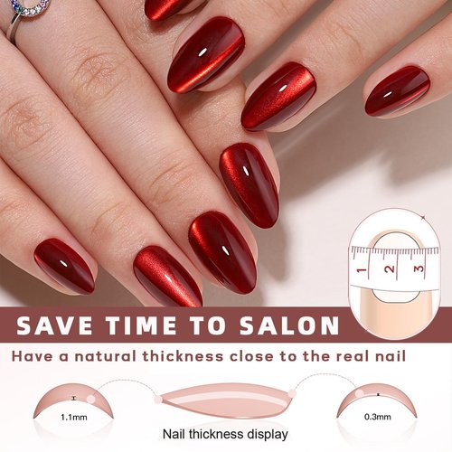 CUZIAM Red Magnet Cat Eyes Press on Nails Short Almond, Aurora Mirror Chrome Red Soft Gel Stick on Nails with Glue, 32pcs 16 Sizes Glossy Glitter Reusable Easy Salon Nail Manicure for Women Girls