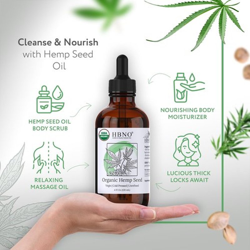 HBNO Organic Hemp Seed Oil - 4 oz (120 ml) Value Size - Natural Hemp, Cold Pressed - Perfect Carrier Oil for Massage, Aromatherapy, Diy, Soap Making, Face, Body, Lips, Hair, Nails