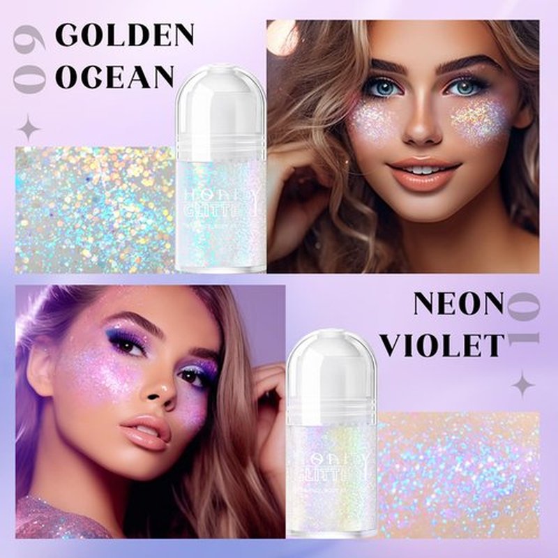 HOSAILY 2 Colors Roll-on Body Glitter Gel, Holographic Glitter Gel Under Light for Face Hair, Body Shimmer for Rave Accessories Christmas New Year Halloween Makeup (Golden Ocean+Neon Violet)