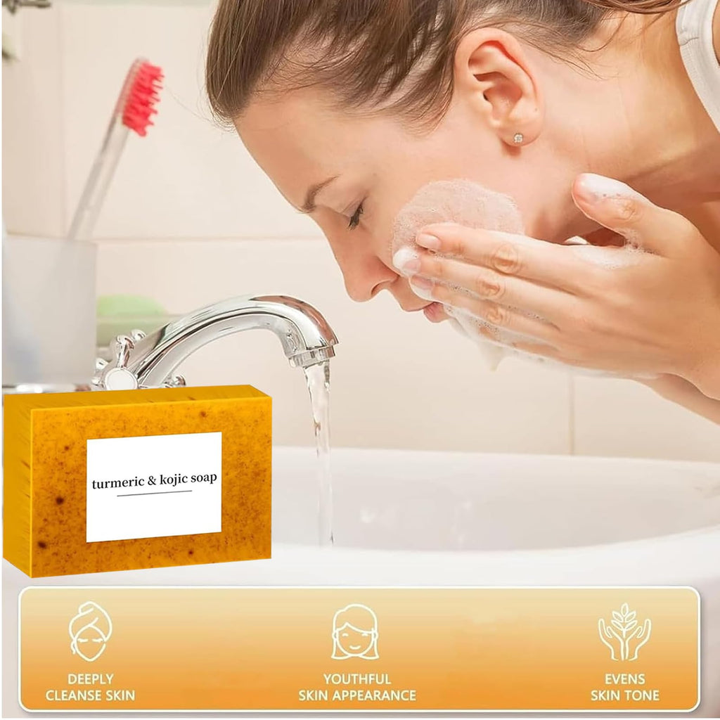 3PCS Lemon Turmeric Kojic Soap + 3 Bubble Nets | Organic Face & Body Bar | Cleansing & Exfoliating | All Skin Types