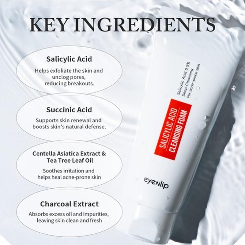 eyeNlip Salicylic Acid Cleansing Foam 5.07 fl oz - Gentle Exfoliating Face Wash with Tea Tree and Charcoal for Clear, Refreshed Skin, Korean Skincare