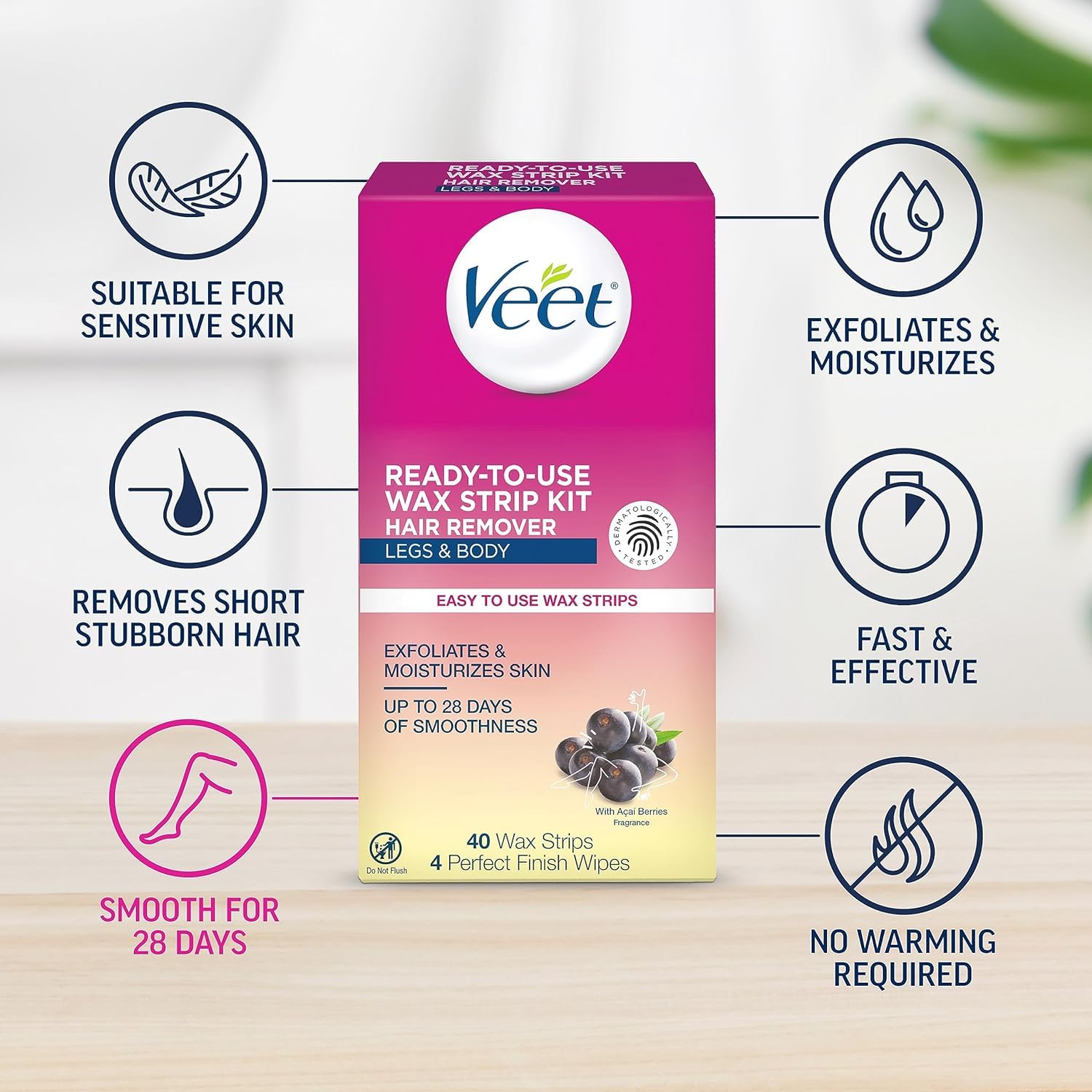 Veet Leg and Body Hair Remover Cold Wax Strips, 40 ct (Pack of 6)