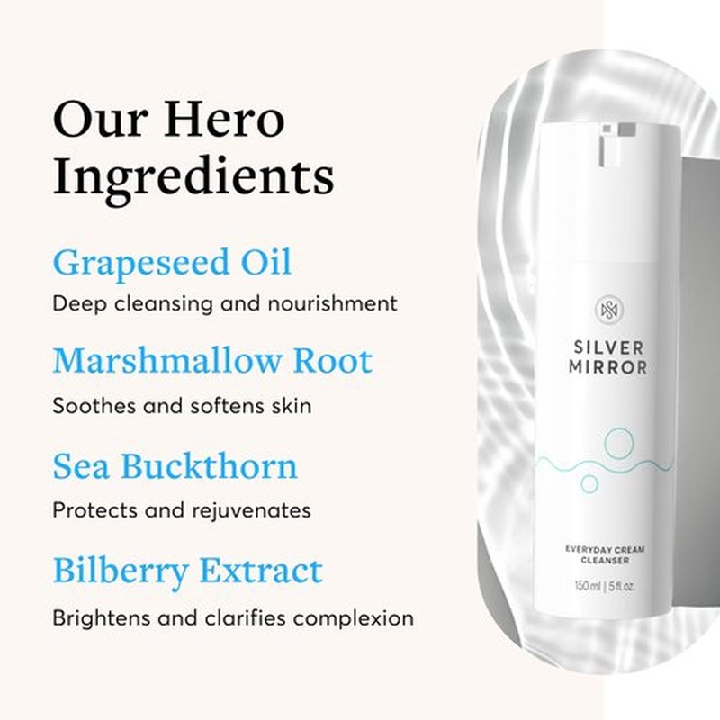 Silver Mirror Facial Cleanser Face Wash with Grapeseed Oil, Gentle Hydrating Cleanser to Remove Makeup Oil and Impurities, Brightening Cream Cleanser, 5 Fl Oz