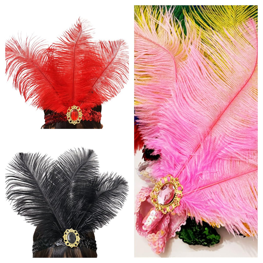 XKTEI 2pcs Sequins Feather Headpiece,1920s Flapper Headband,Mardi Gras Carnival Party Headwear Costume Accessory Women Headdress (Red-A)