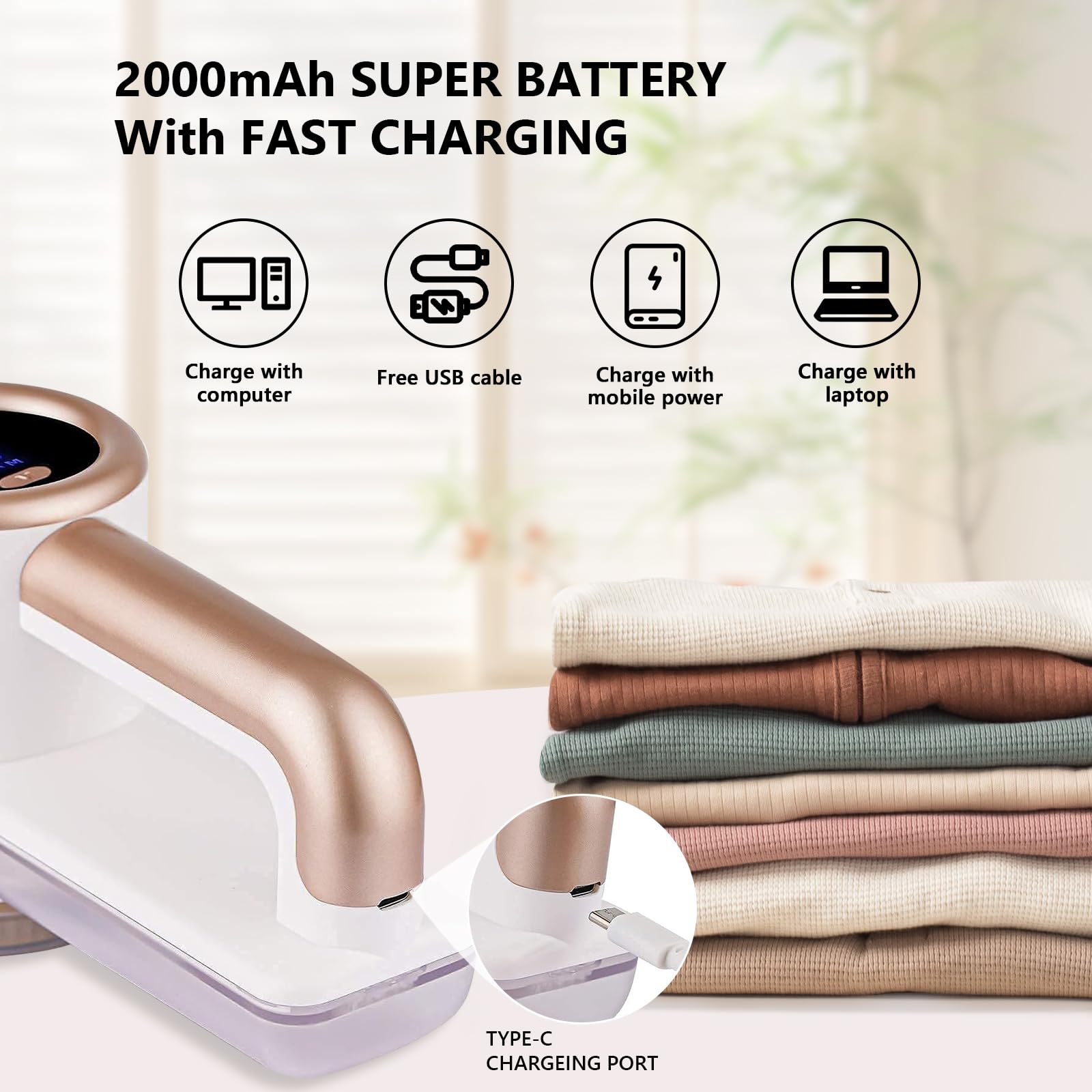 iRUNTEK Rechargeable Fabric Shaver, Electric Commercial Lint Remover with LED Display & Big Trash Box, 3-Speeds for Removing Fuzz and Pill from Clothes, Furniture, Sweater, Couch and Blanket, White