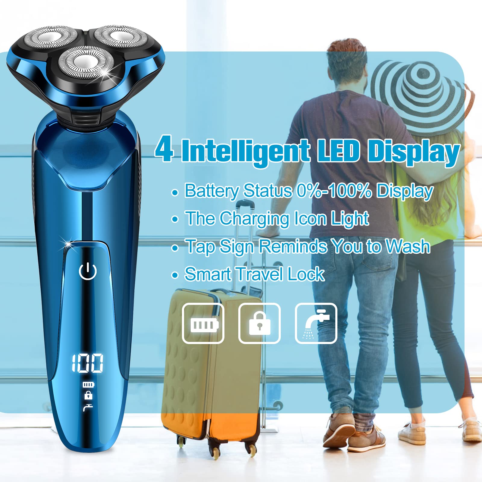 Electric Razor for Men, 3-in-1 Shaver with Floating Blades for Nose Hair &Sideburns,Replacement Blades, Pop-up Trimmer, IPX7 Waterproof, Travel Lock, Wet & Dry Use, Face Shaving Grooming Travel Kit