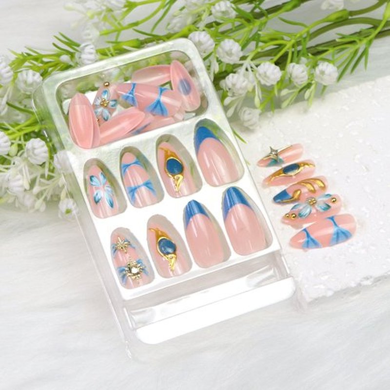 Medium Press on Nails Almond Fake Nails Blue French Tip False Nails with Flower Pearl Designs Gold Lines Acrylic Nails for Women 24Pcs