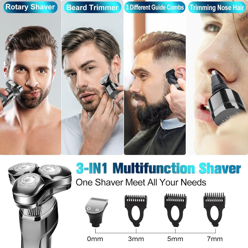 Men's Electric Razor, Upgraded 4D Floating Magnetic Blade Head Rotary Shaver, 3-in-1 Multifunctional for Beard/Nose/Sideburns, IPX7 Waterproof Rechargeable Cordless Shaver, Turbo Speed, Gift for Men
