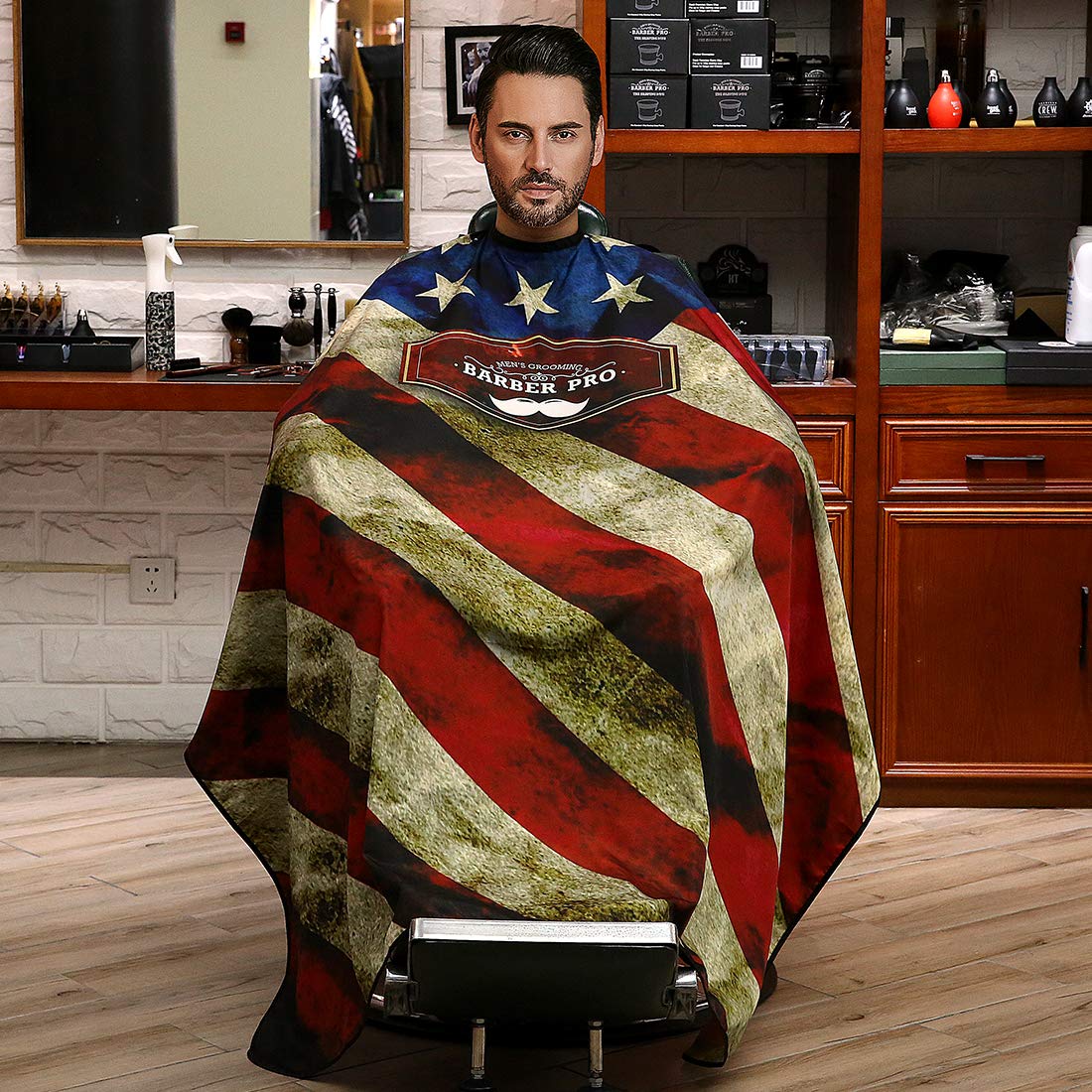 Barber Hair Cutting Cape With Snap Closure, Professional Salon Hairdressing Cape for Hairdresser 64'' x 57'' (Retro American Flag Print)