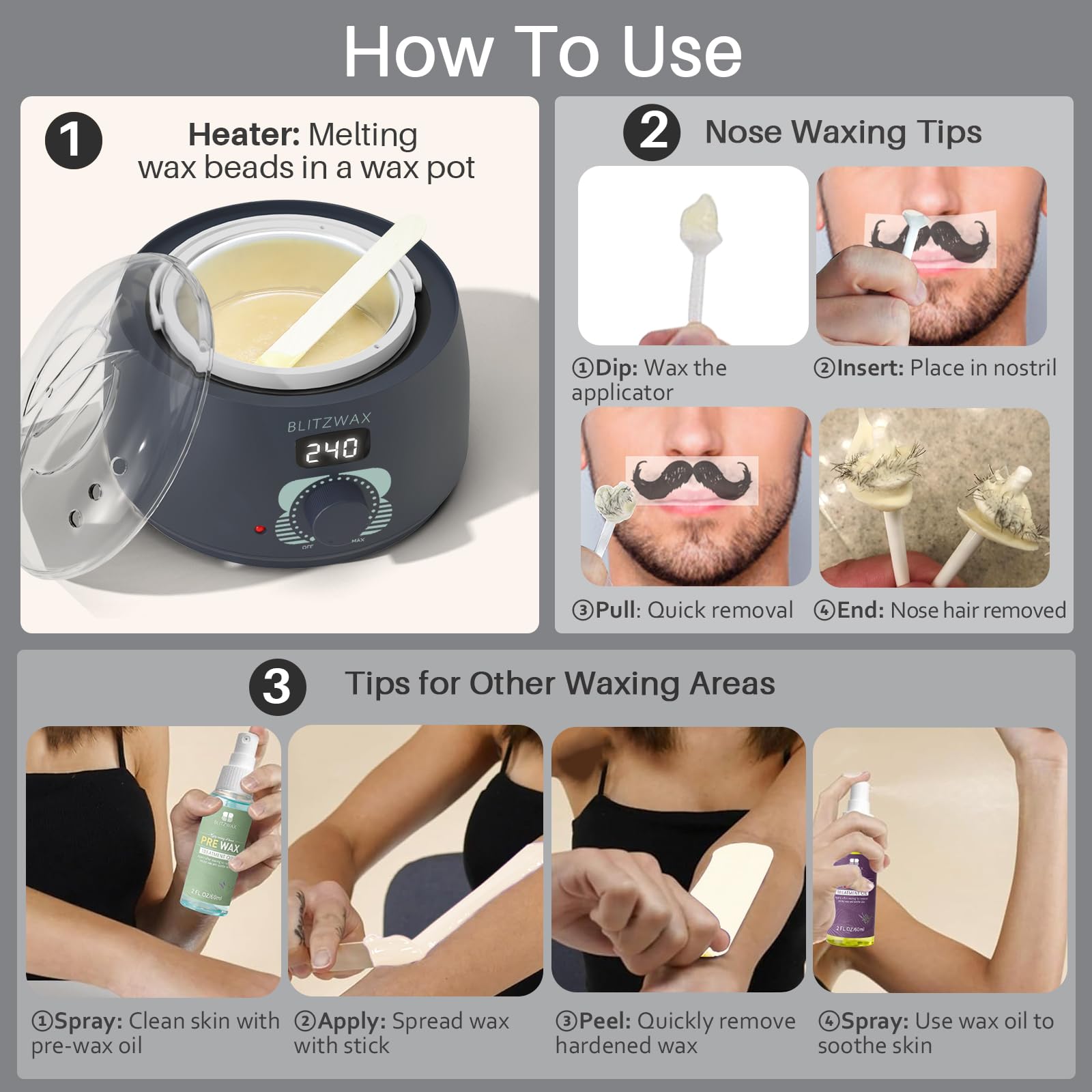 BLITZWAX Waxing Kit for Men, Back Nose Brazilian Hard Wax Warmer Home Use
