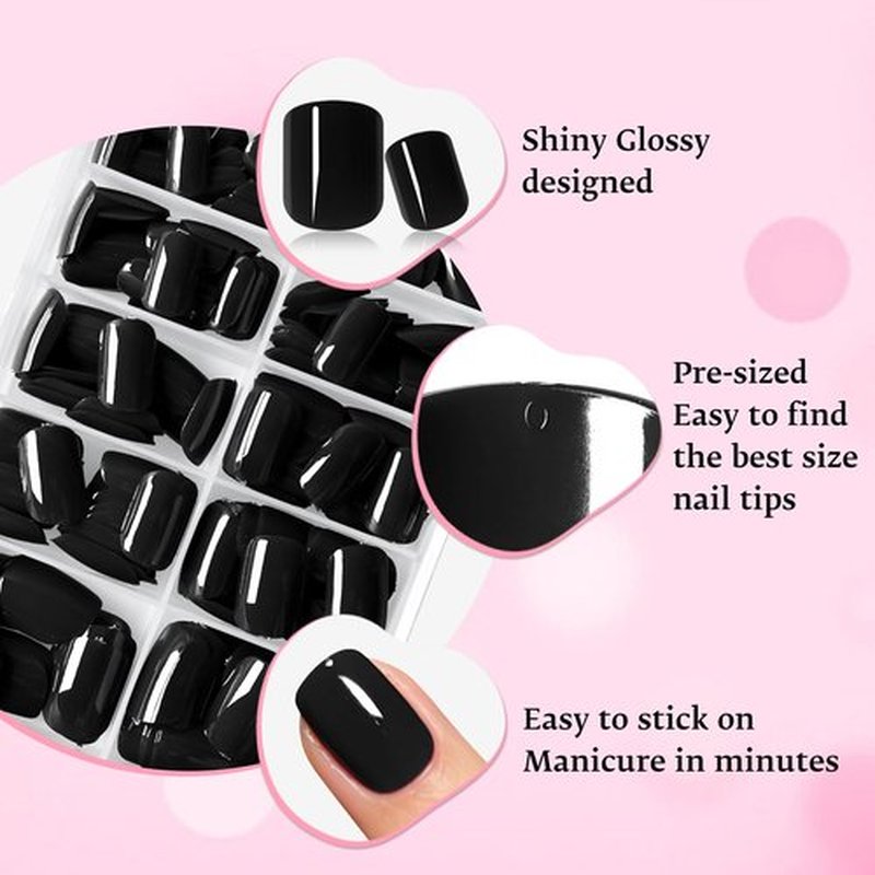 240pc Black Press on Nails Short Square Fake Nails with Glue Tabs, Short Nails Press on Nail Square Glue on Nail Black Acrylic Nail False Stick Nail Women Girls Artificial Fingernails Kit 12 Sizes