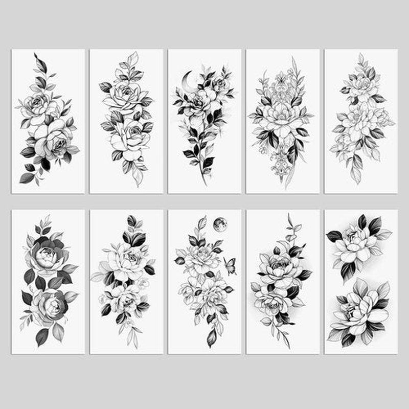 Oottati 10 Sheets Peony Rose Temporary Tattoos for Women Girls, Chinese Ink Painting Floral Fake Tattoo Stickers, Realistic Black and White Waterproof Long Lasting Body Art for Arm Back