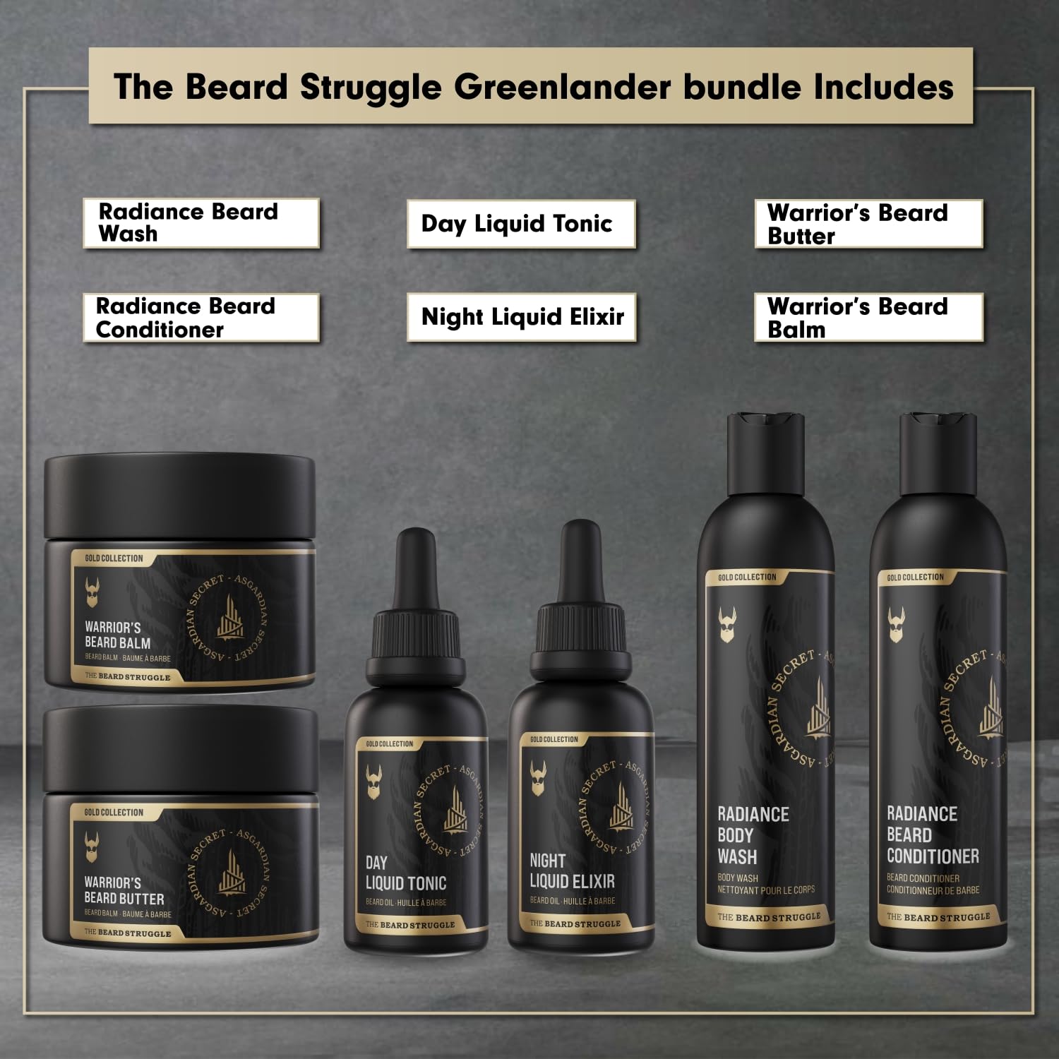 The Beard Struggle Greenlander Bundle Beard Kit - Includes Beard Cream, Beard Balm, Beard Night Oil, Beard Day Oil, Beard Wash & Beard Conditioner - Gold Collection - Valhalla's Gates