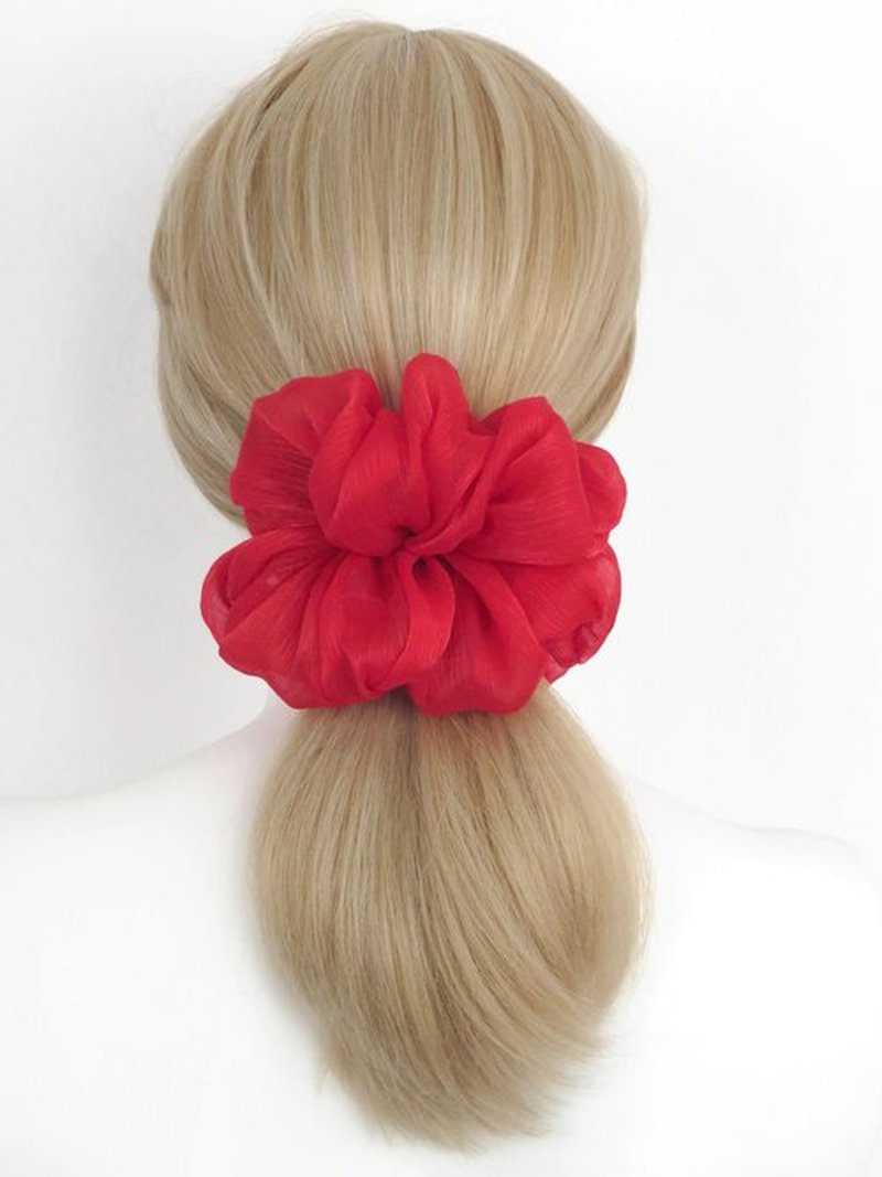 22 Colors Available, Handmade Shimmering Sheer Organza Jumbo Scrunchie 6 inches, Voluminous Ponytail Holder for Women, Large Hair Tie, Holiday Accessory (Red)