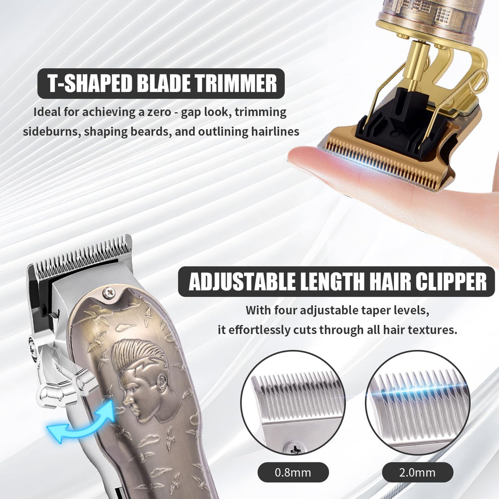 Professional Hair Clipper Set Men's Cordless Hair Clipper T-Shaped Blade Beard Trimmer Nose Hair Trimmer Electric Shaver Rechargeable Professional Hair Trimmer Set (Bronze)