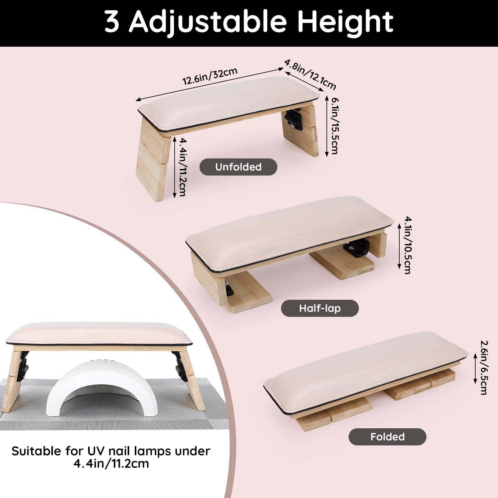 Segbeauty Adjustable Nail Hand Rest Pink, 3 Tier Collapsible Wooden PU Leather Arm Rest for Nails, Portable Manicure Hand Stand for Nail Tech with Table Mat Professional Nails Art Accessories Tool