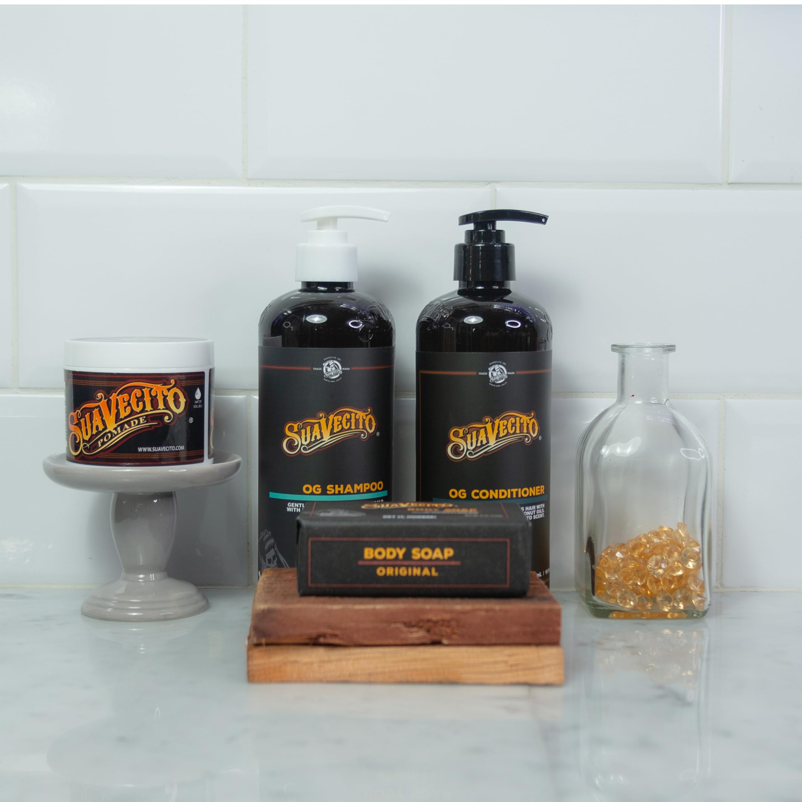 Suavecito Hair & Body Essentials Bundle: Original Hold Hair Styling Pomade, Moisturizing Body Soap, Hydrating Shampoo & Nourishing Conditioner
